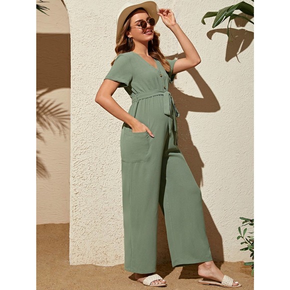 Maternity Pocket Side Roll Up Sleeve Belted Jumpsuit green - Picture 1 of 5
